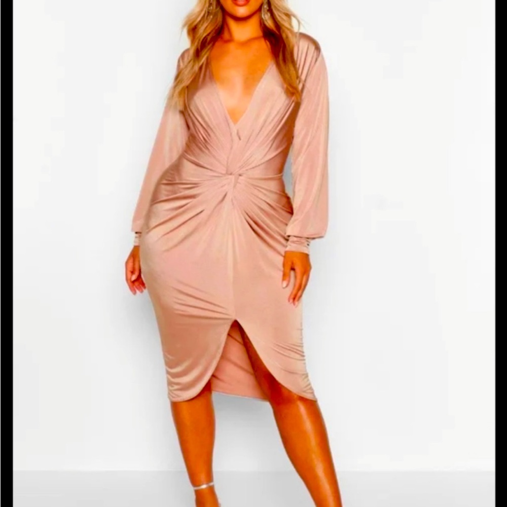 Boohoo Twist Front Plunge Slinky Midi Rose Dress
